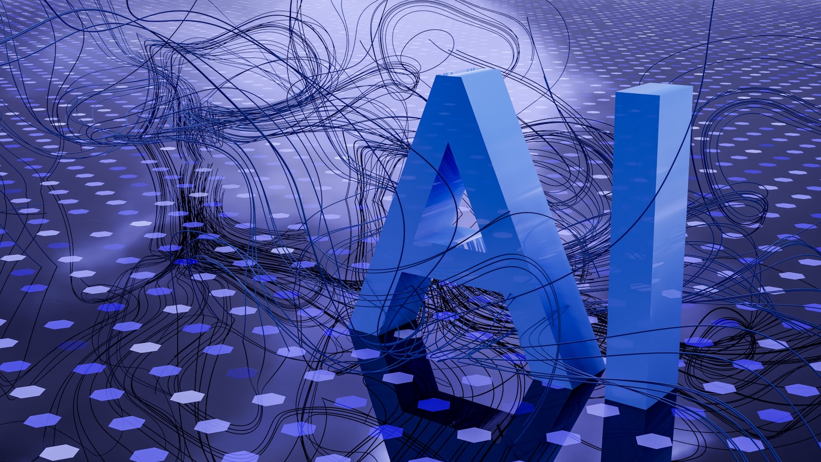 glowing three-dimensional AI lettering over a dark digital background