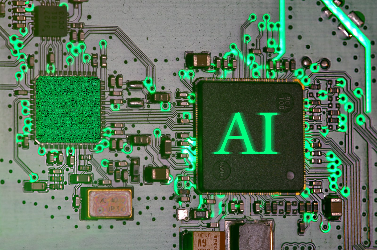 glowing AI chip on a dark circuit board